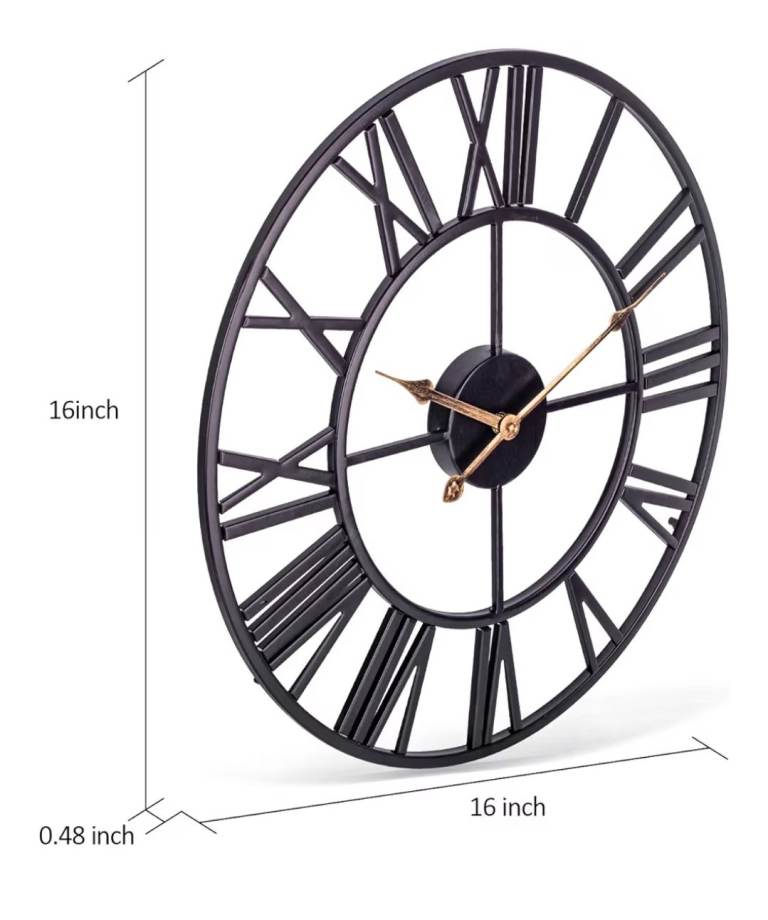 A new still boxed 40cms black metal wall mounted clock with roman numerals 