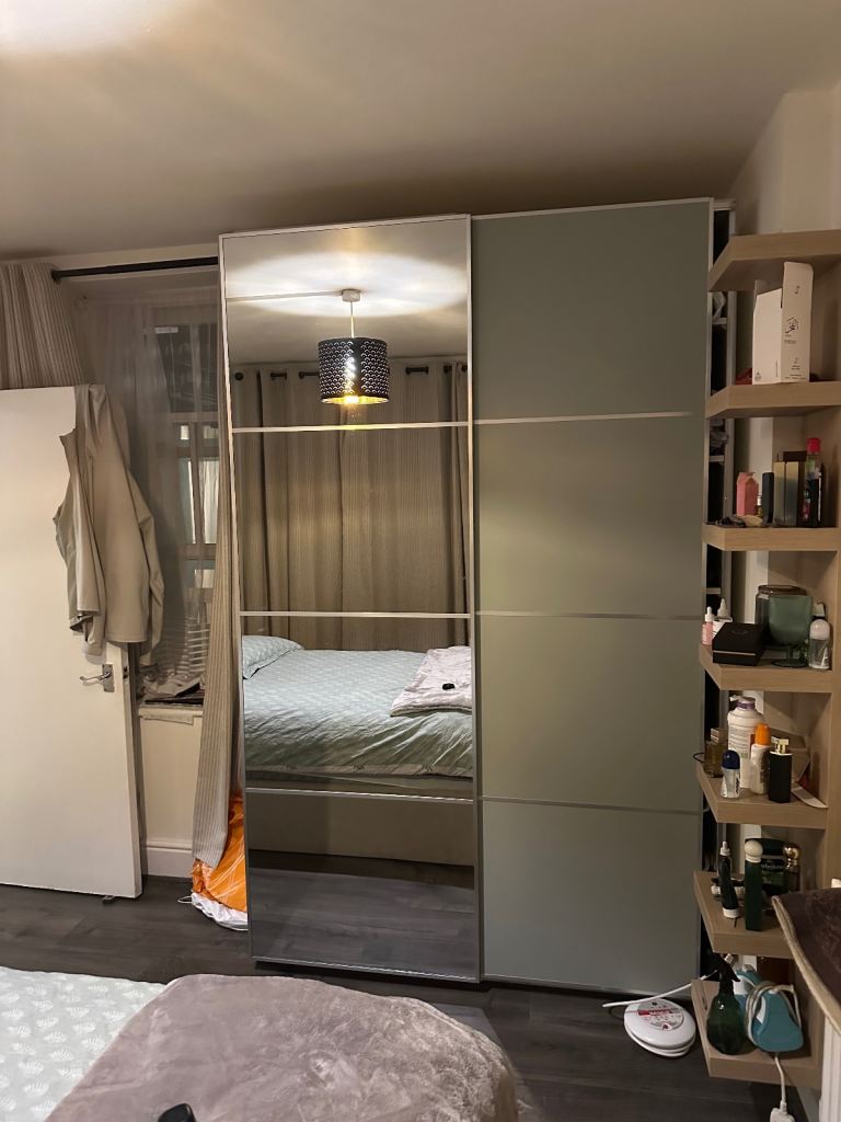 IKEA PAX Wardrobe with Sliding Doors – White / Blue Mirror
