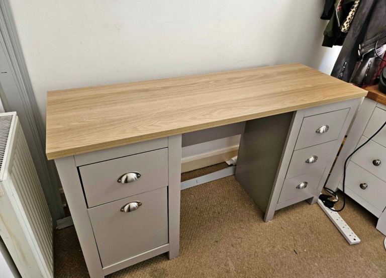 Grey and Oak Effect Desk with Drawers – Good Condition
