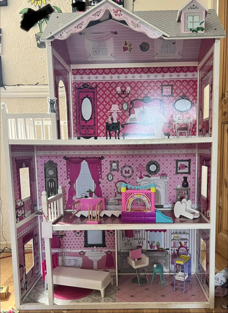 Large Wooden Dollhouse with Furniture – Good Condition