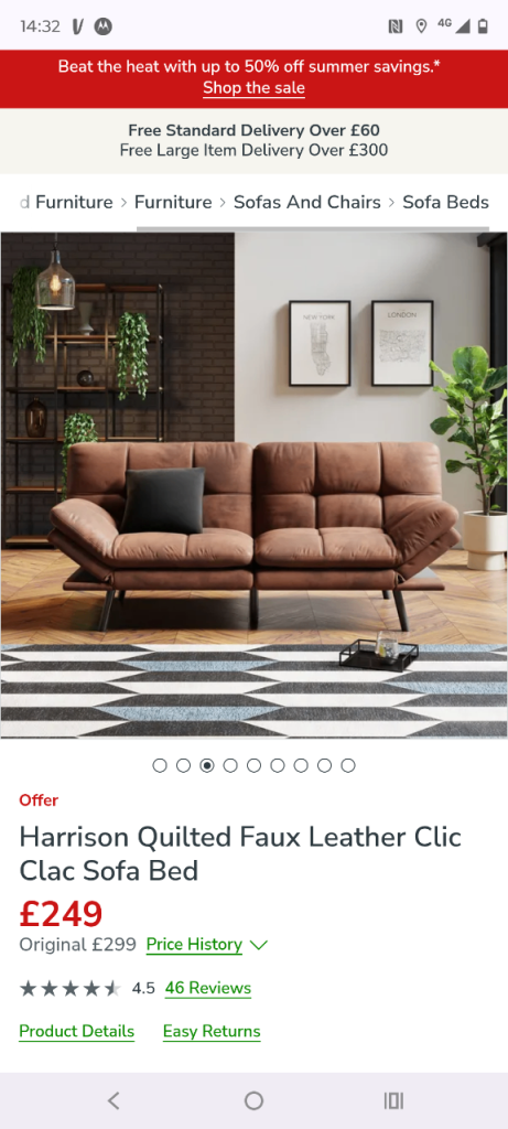 Brown faux leather sofa bed Dunelm Mill new