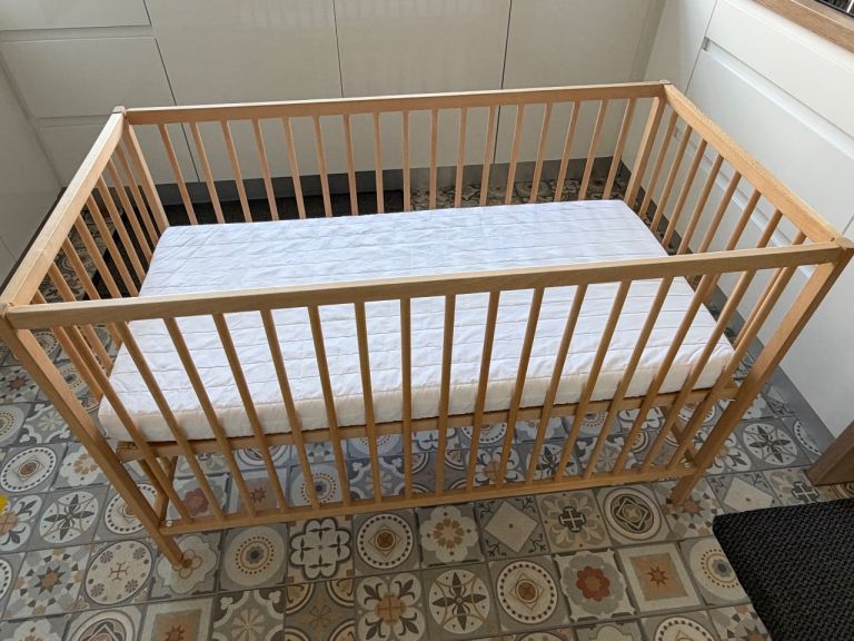 IKEA Wooden Baby Cot with Mattress – Good Condition
