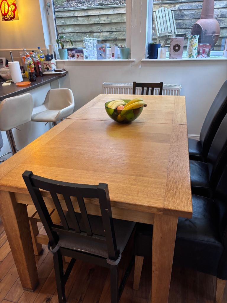 Solid Oak Extendable Dining Table (Seats 8–10) + 6 Leather Chairs + Free Bench