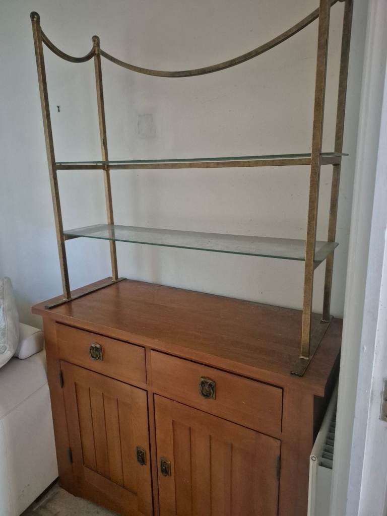Vintage Mid-Century Style Brass Etagere Display Shelf with Wooden Cabinet Base"