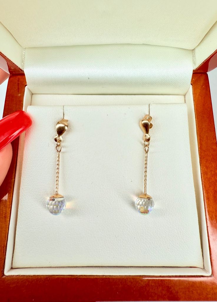 Beautiful 9ct Gold and Faceted Round Crystal Teardrop Earrings