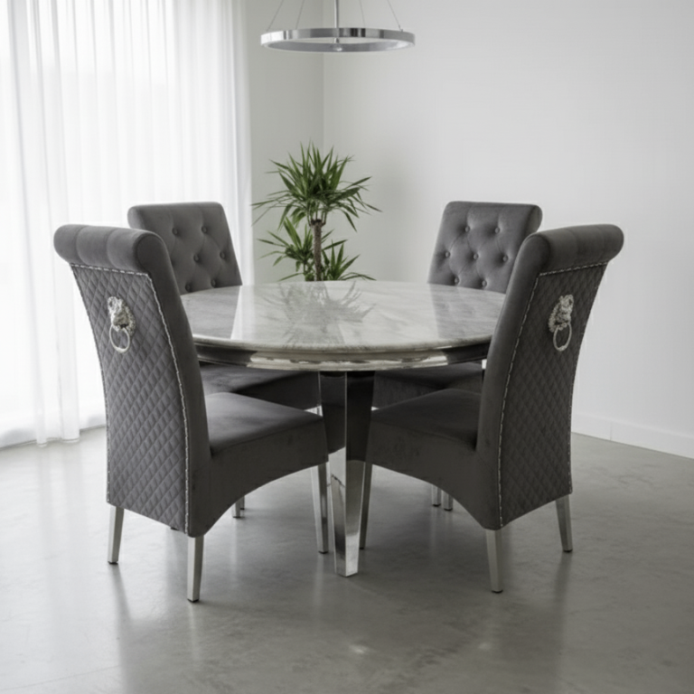 Round Marble Table with Lion Knocker Chairs 
