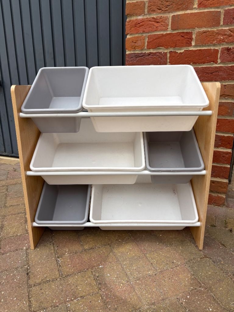Wooden Toy/craft/book Storage Unit with plastic Bins – Good Condition