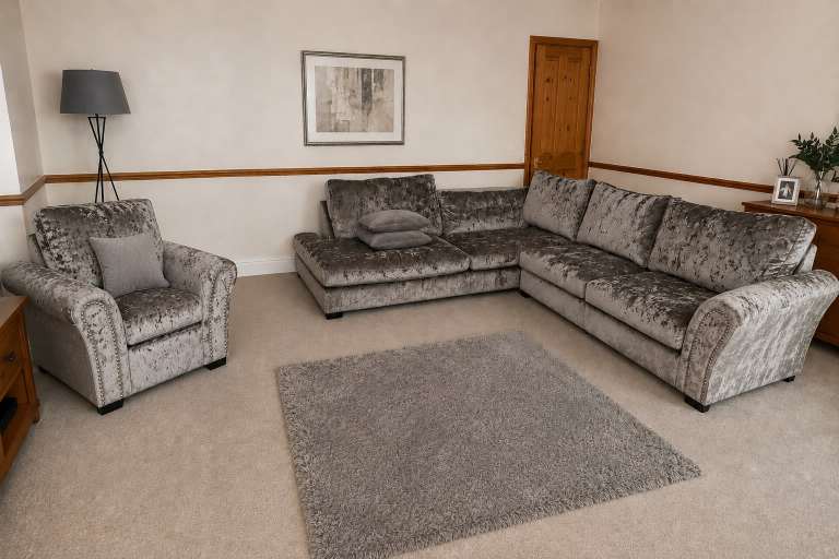 Grey Crushed Velvet Corner Sofa with Matching Armchair