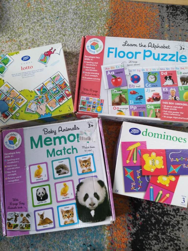 Childrens games bundle age 3+, lotto, dominoes, memory match, alphabet floor puzzle