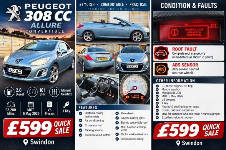 Peugeot, 308, Convertible, 2012, Manual, 1997 (cc), 2 doors