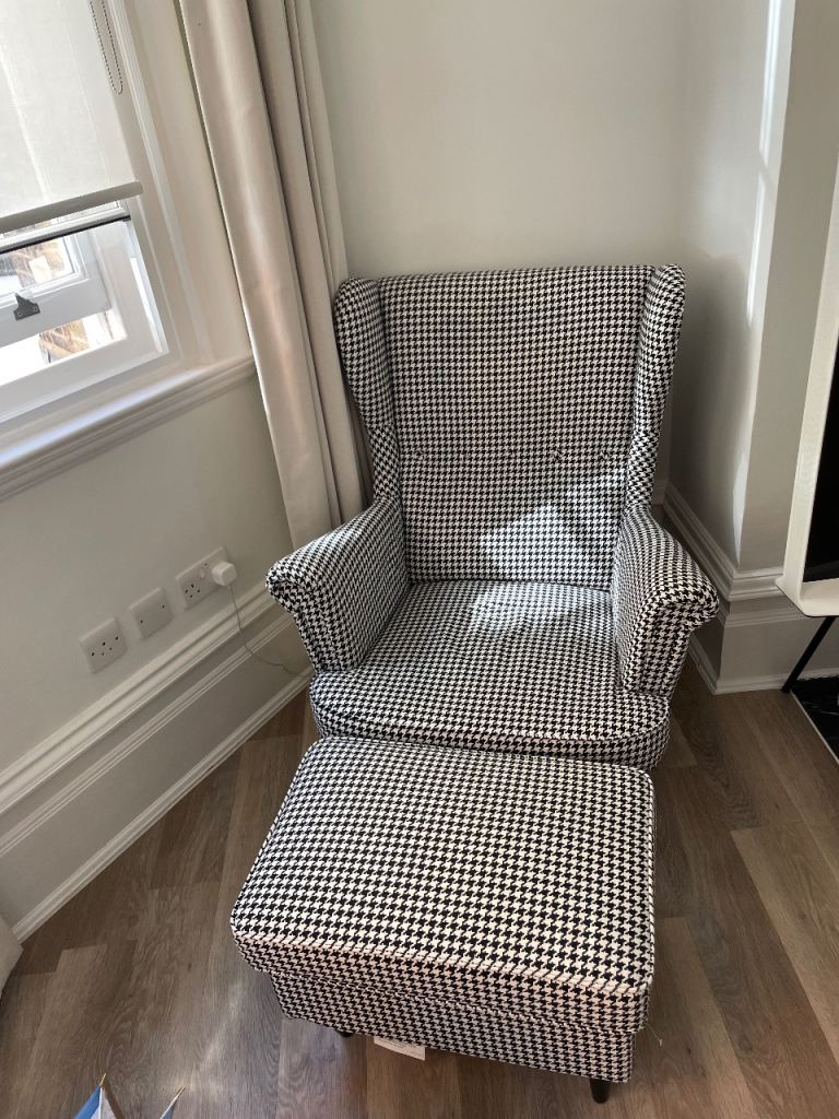 IKEA STRANDMON Armchair + Footstool – Black/Beige – Excellent Condition