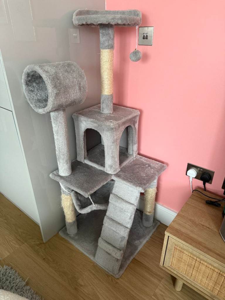 Cat Tree 130cm with scratching post/perches/tunnel/hammock in light grey