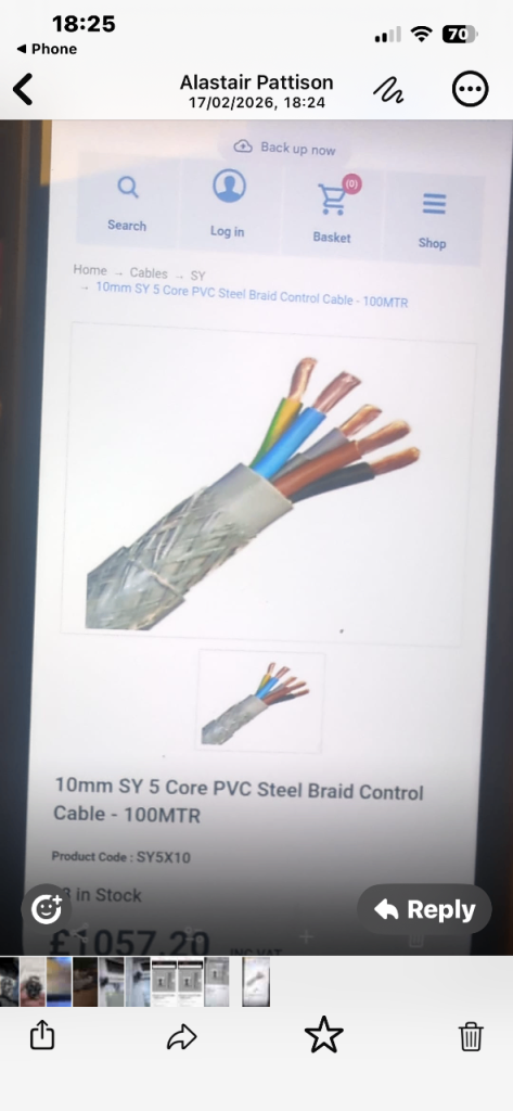 10mm 5 core sy and 6mm 3 core sy cable x 75 mtrs
