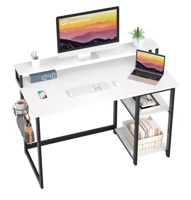 Office Desk with Full Monitor Stand,100 cm Home Computer Desk with Reversible Storage Shelves,