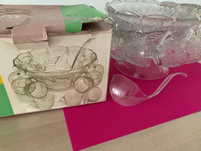 Glass Punch Bowl Set Complete 12 Glass Set