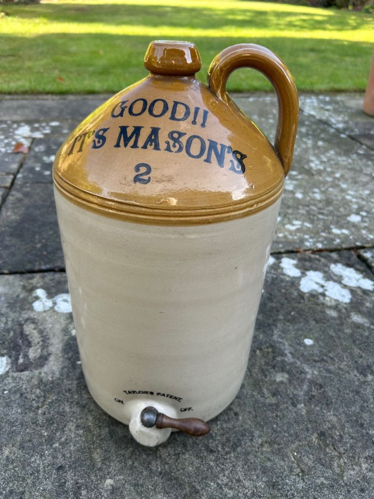 Rare Vintage Masons 2 Gallon Stoneware Flagon with Tap