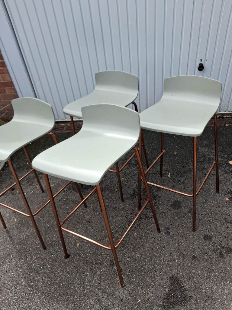 Set of 4 Grey Bar Stools with Copper Legs – Good Condition