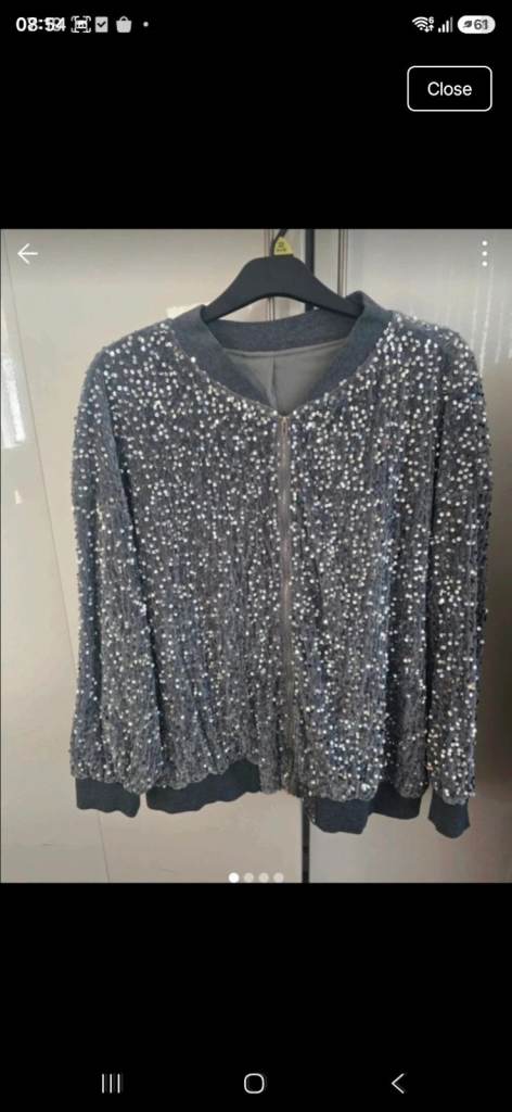 Sparkly Silver Sequin Bomber Jacket – Good Condition