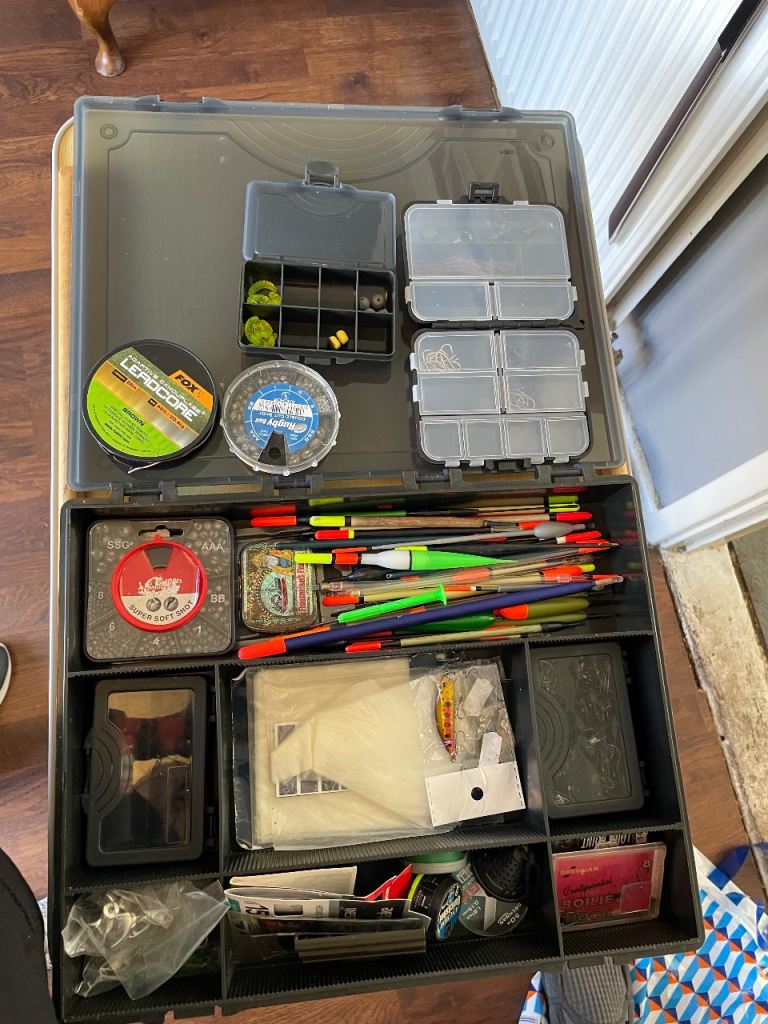 Fishing Tackle Box with Floats, Line, and Lures – Good Condition