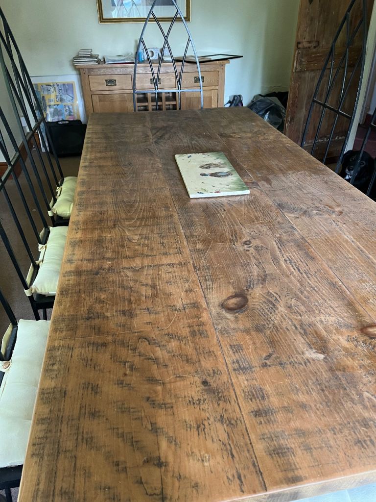 Solid oak Handmade Dining Table and 8 wrought iron chairs 