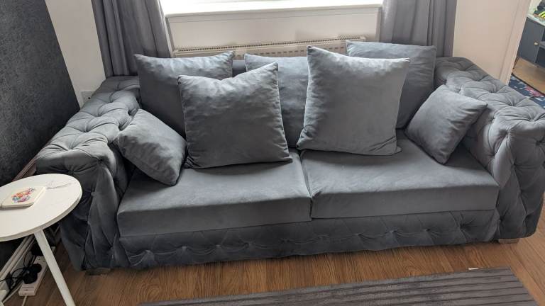 3 and 2 seater grey velvet couches chesterfield style 