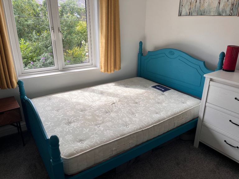 Double bed, wooden painted blue with Dunlopillo Connoisseur double Mattress – Medium-Soft