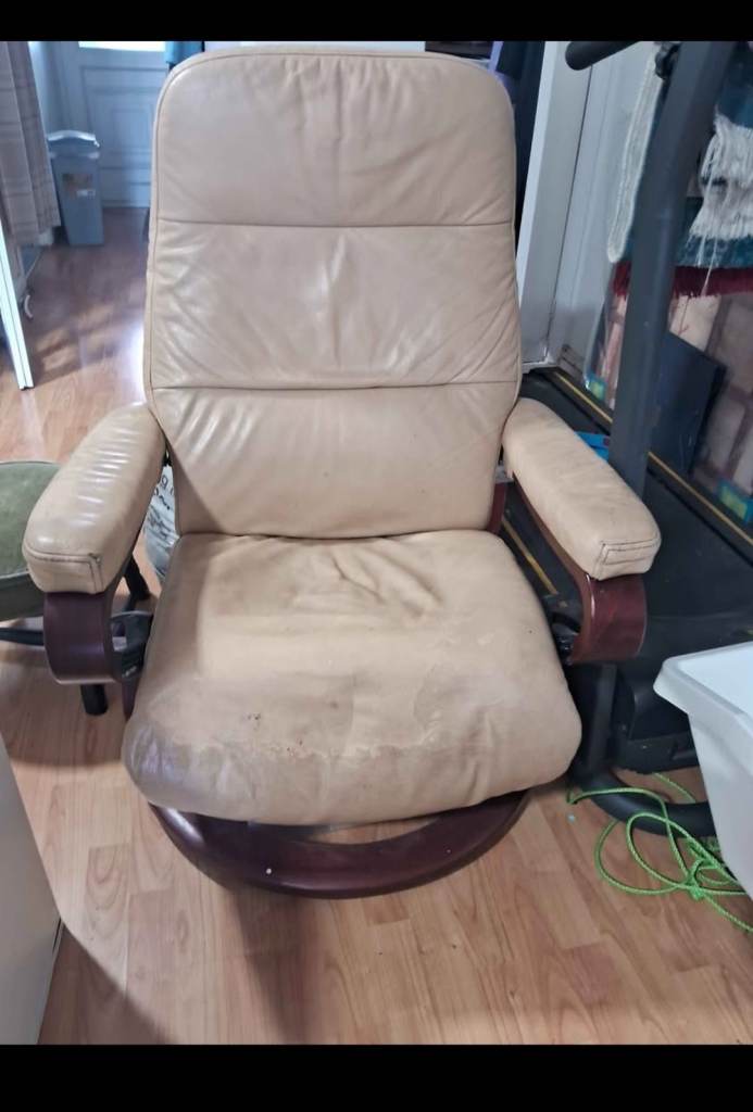 Cream Leather Swivel Recliner Armchair – Fair Condition