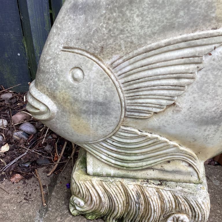 image for CRUSHED MARBLE FISH GARDEN STATUE , EXTREMELY HEAVY 