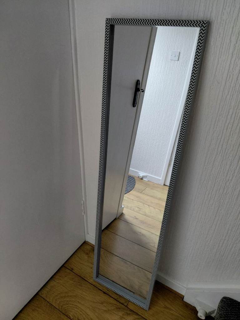 Full-Length Grey Mirror with Chevron Pattern Frame