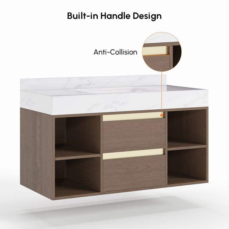 Homary £699 Ceramic Floating Bathroom Vanity Basin 2 Drawers & Open wood Shelves shelf ceramic sink 