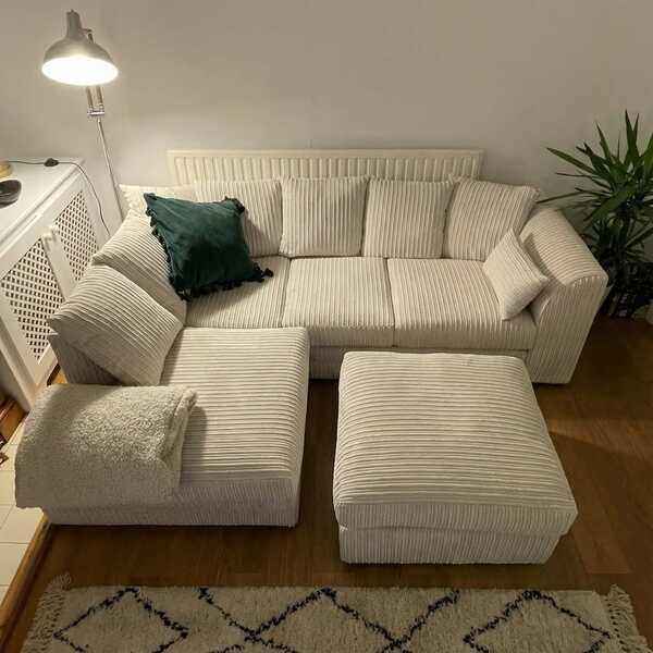 Dylan Plush Velvet Corner Sofa – 3+2 Seater with Footstool