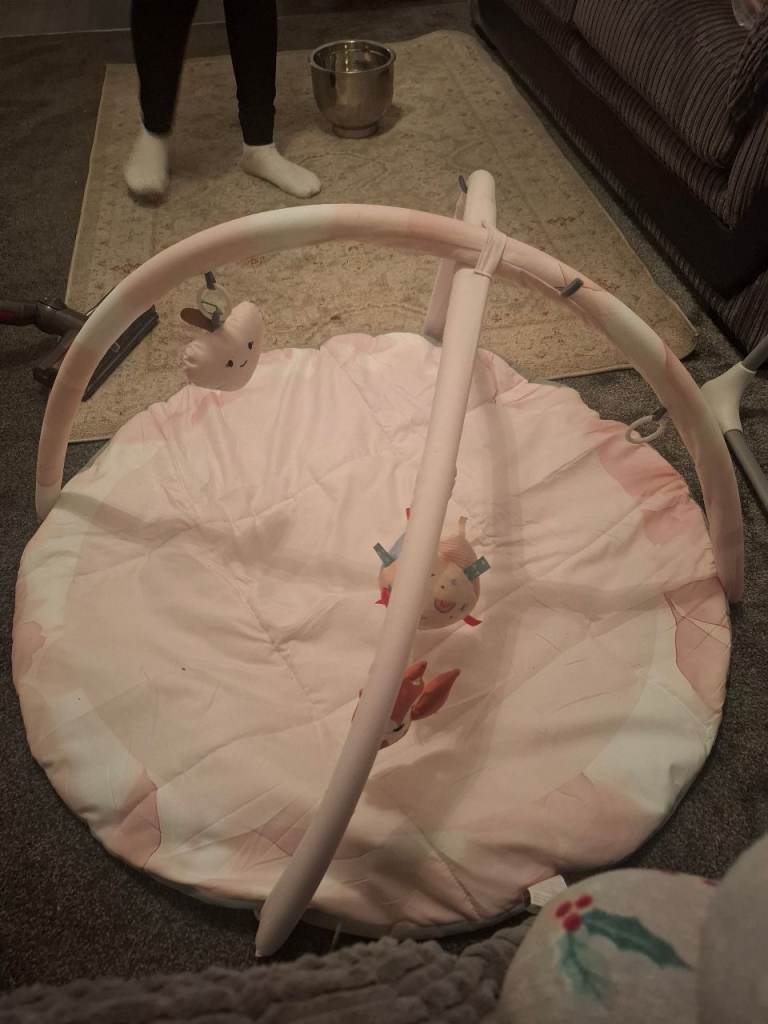 Pink Baby Playmat with Arch and Hanging Toys – Good Condition