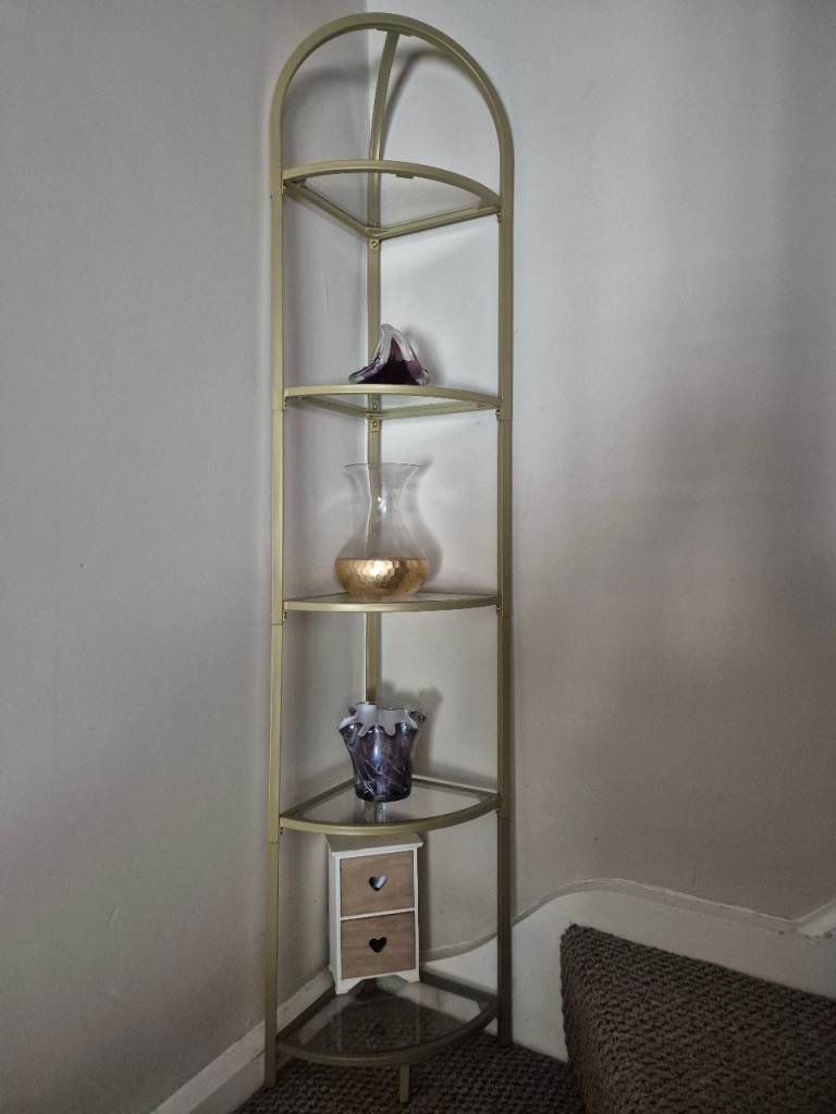REDUCED Stylish Gold Metal Corner Shelf Unit with Glass Shelves