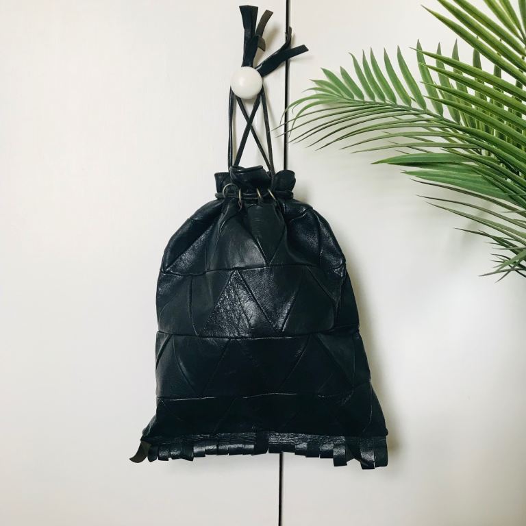 Vintage 70s navy blue leather fringe clutch bag - drawstring pouch patchwork