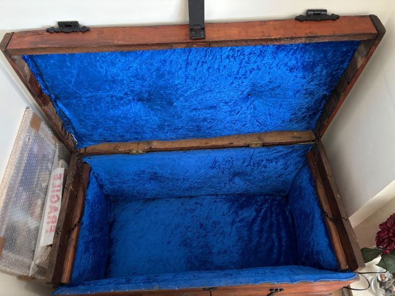 Vintage Wooden Trunk / Chest with Blue Velvet Lining