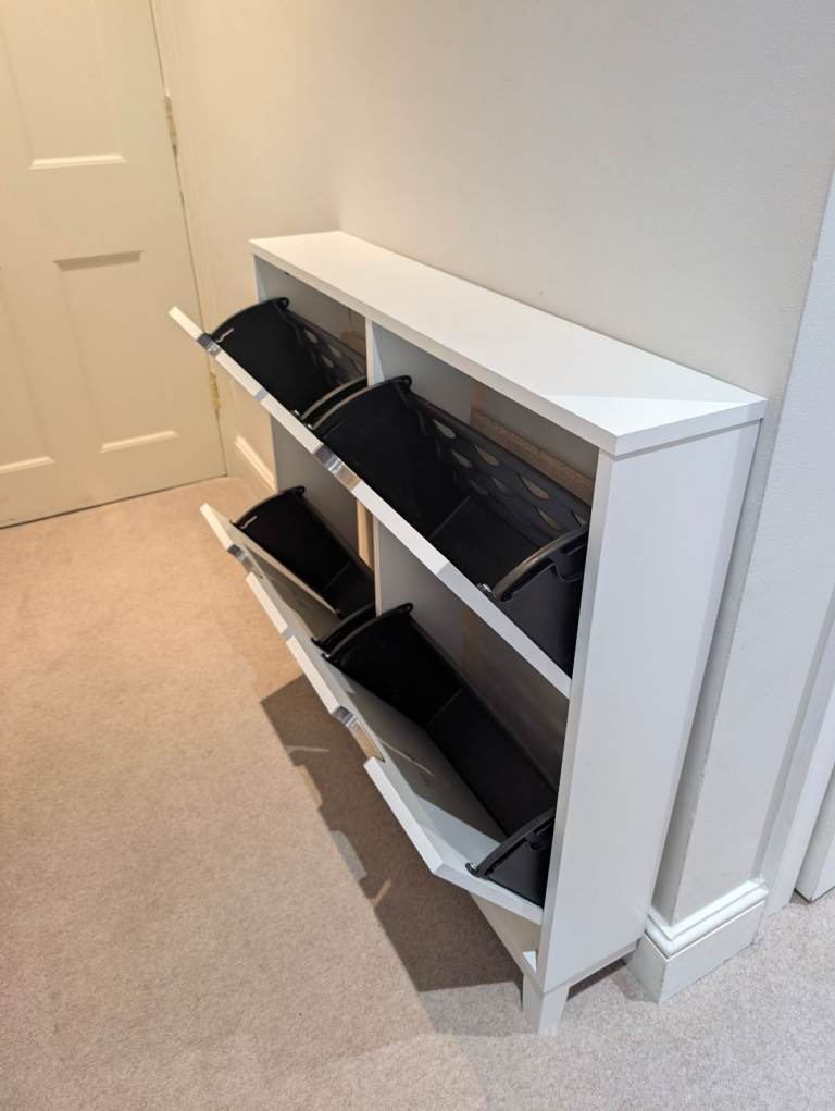 White Shoe Storage Unit with Drop-Down Drawers – Good Condition