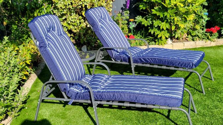 Pair of Grey Metal Garden Sun Loungers and small coffee table - Like New Condition