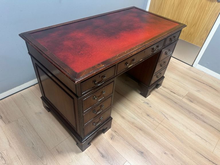 Antique Style Captains Bankers Desk  Oxblood Leather Twin Pedestal Partners #49