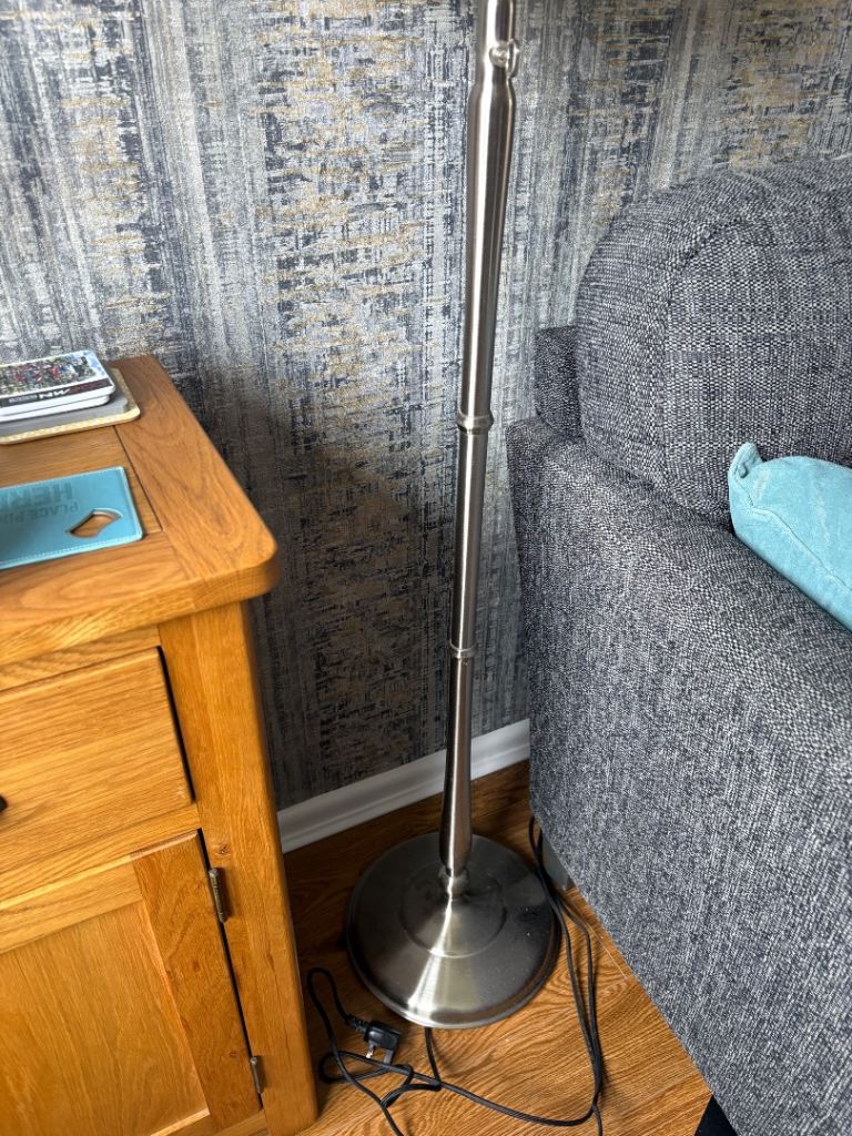 Silver Metal Floor Lamp with Pleated Shade – Good Condition