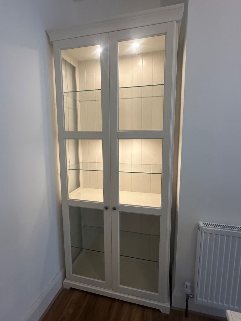 Cream Display Cabinet with Glass Doors and Internal Lights