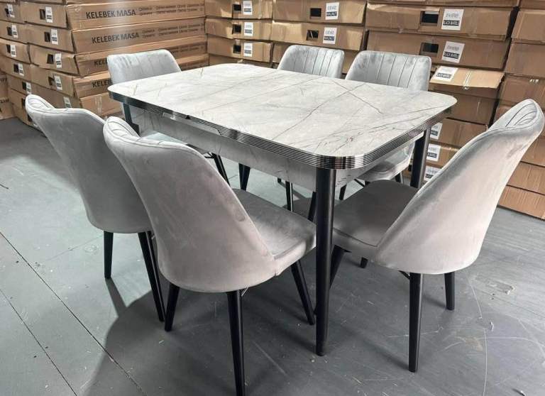 New Modern Grey Dining Table & 6 Chairs Set