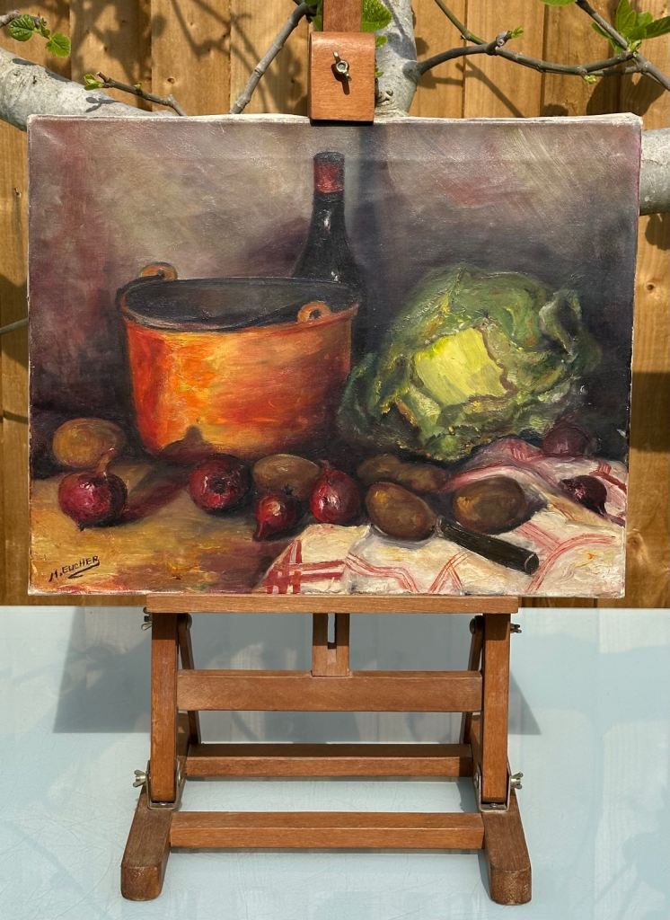 VINTAGE FRENCH OIL PAINTING, STILL LIFE - PAN, WINE, FOOD -  SIGNED - 50x39.5cm - WILL POST!