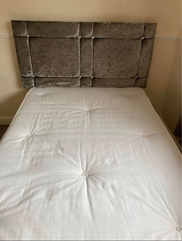Grey Velvet Headboard and small Double Divan Bed with Mattress