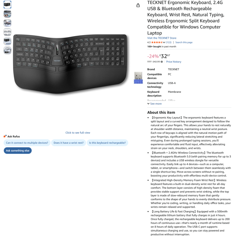 Selling a brand new TECKNET Ergonomic Keyboard: half price