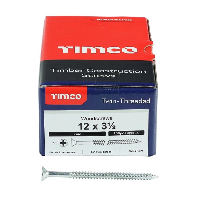 TIMCO Twin-Threaded Woodscrews 12 x 3 1/2" PZ3 (Box of 100)