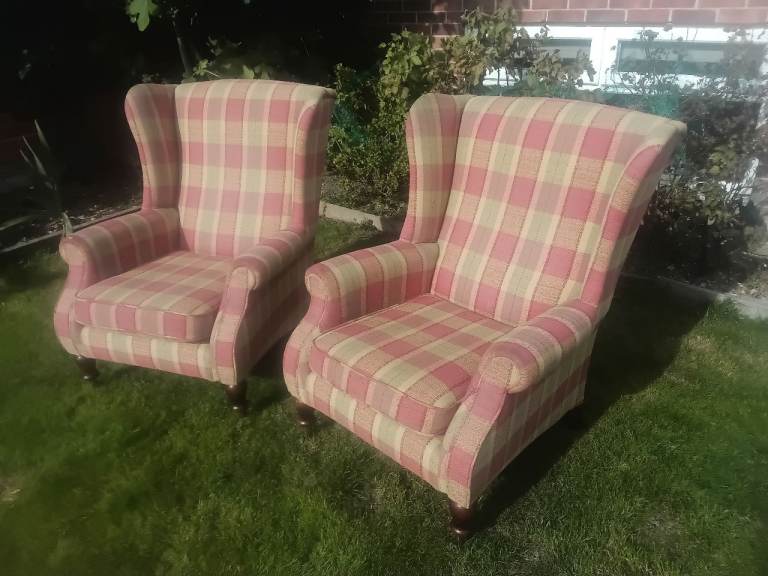 Pair of Wingback Armchairs – Red & Cream Plaid, Good Condition