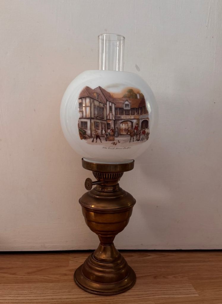 Vintage Brass Oil Lamp with Scenic Globe – Good Condition