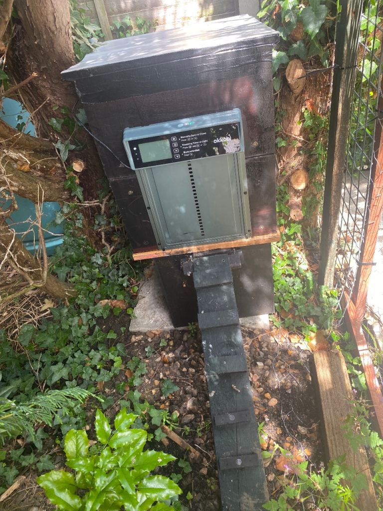 Small henhouse with automatic door opener