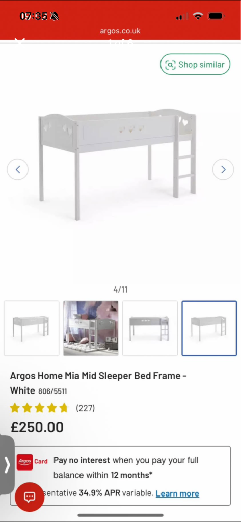 Argos MIA mid sleeper single bed 