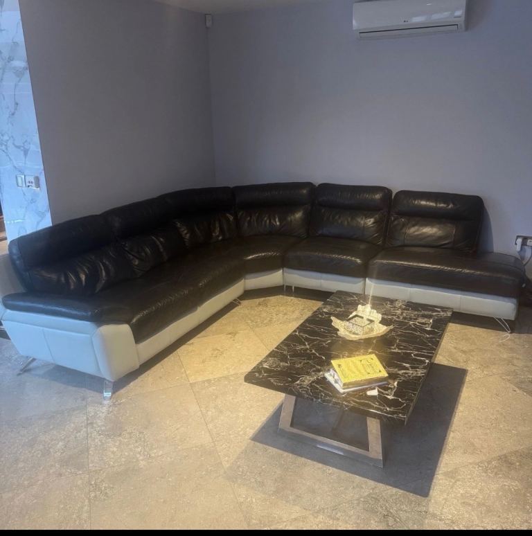 DFS Black & Grey Leather Corner Sofa + Swivel Armchair